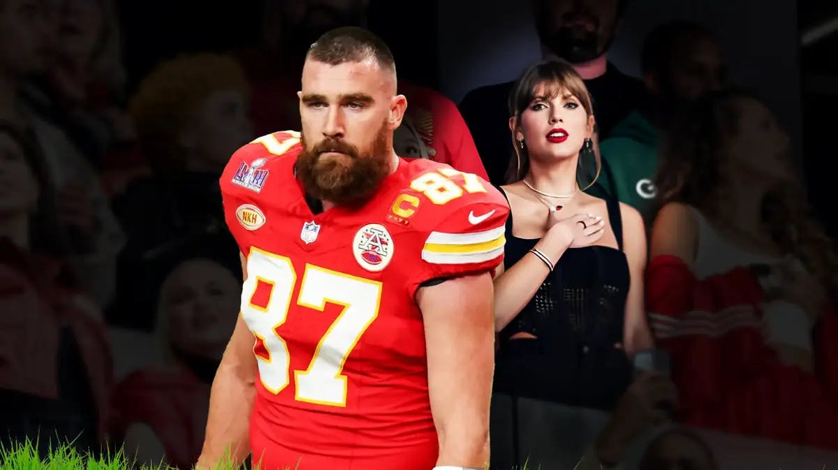 Taylor Swift watching Super Bowl 58 looking nervous and image of KC Chiefs' Travis Kelce.
