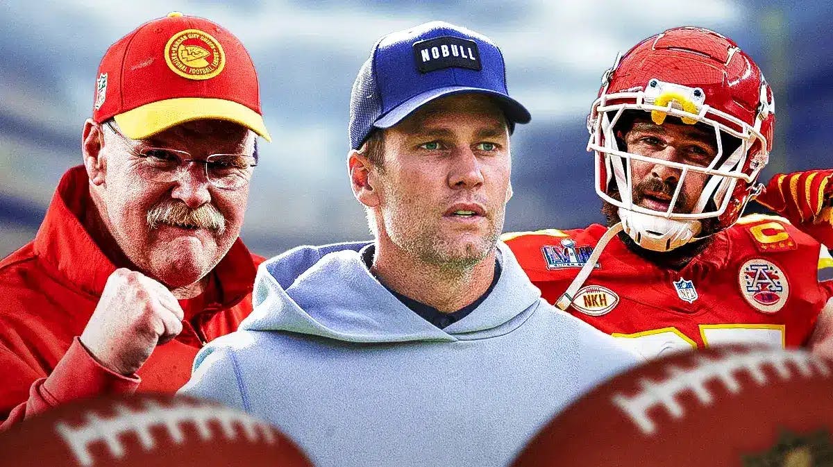 Tom Brady in the middle of Kansas City Chiefs head coach Andy Reid and Travis Kelce.