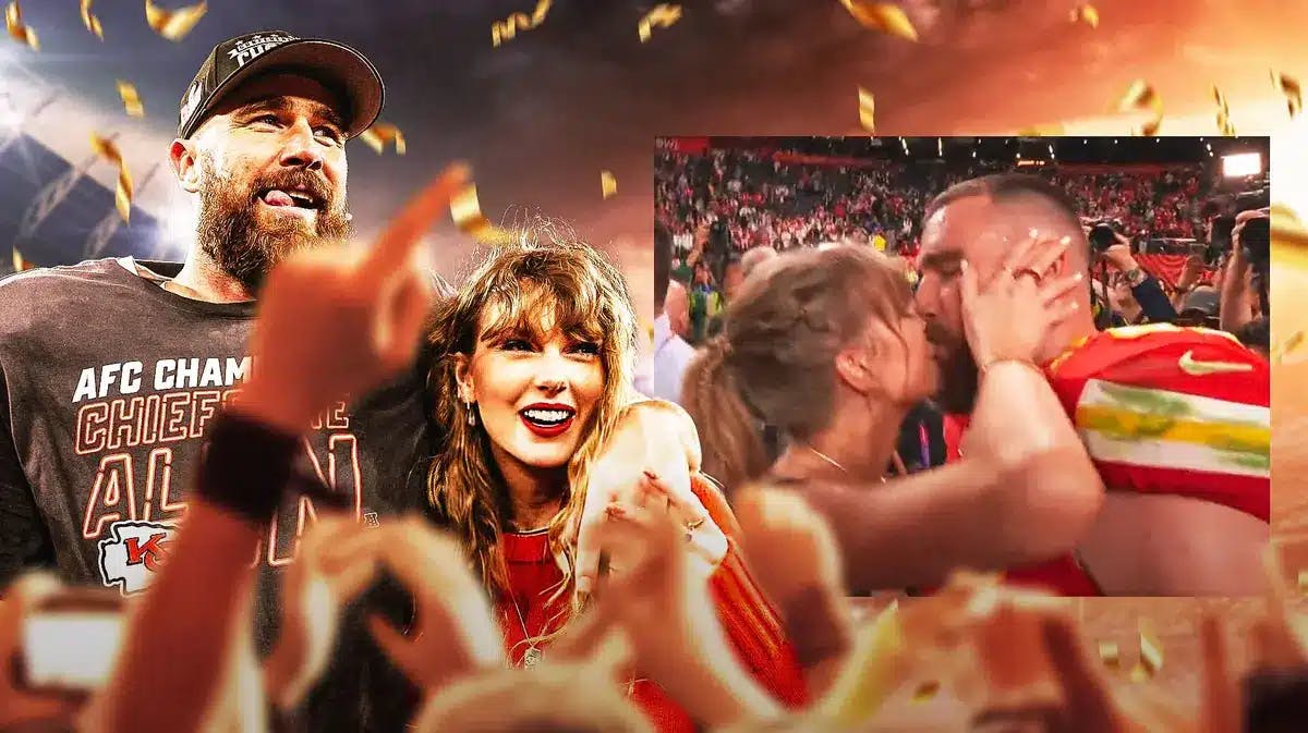 Travis Kelce and Taylor Swift smiling after Super Bowl 58.