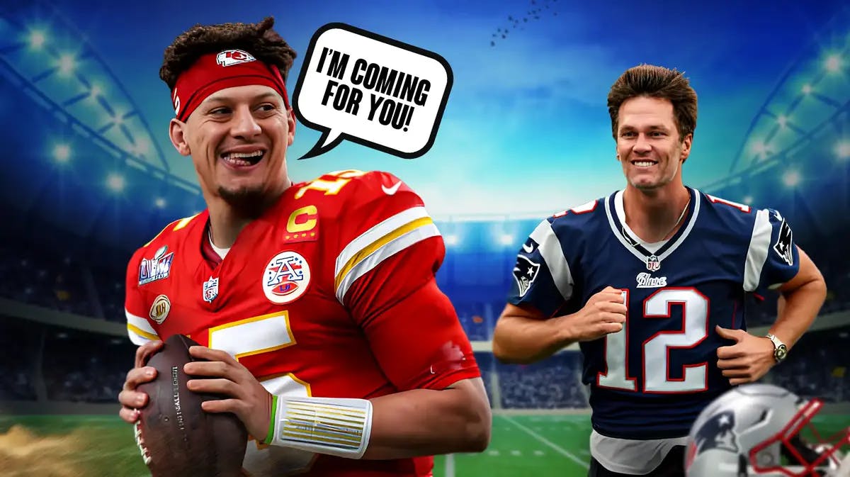 KC Chiefs' Patrick Mahomes and speech bubble “I’m Coming For You!” and image of New England Patriots' Tom Brady