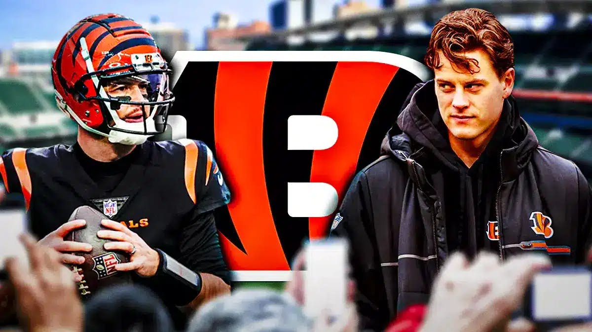 Bengals Joe Burrow looking at AJ McCarron with a Bengals logo between them. Background is Paycor Stadium