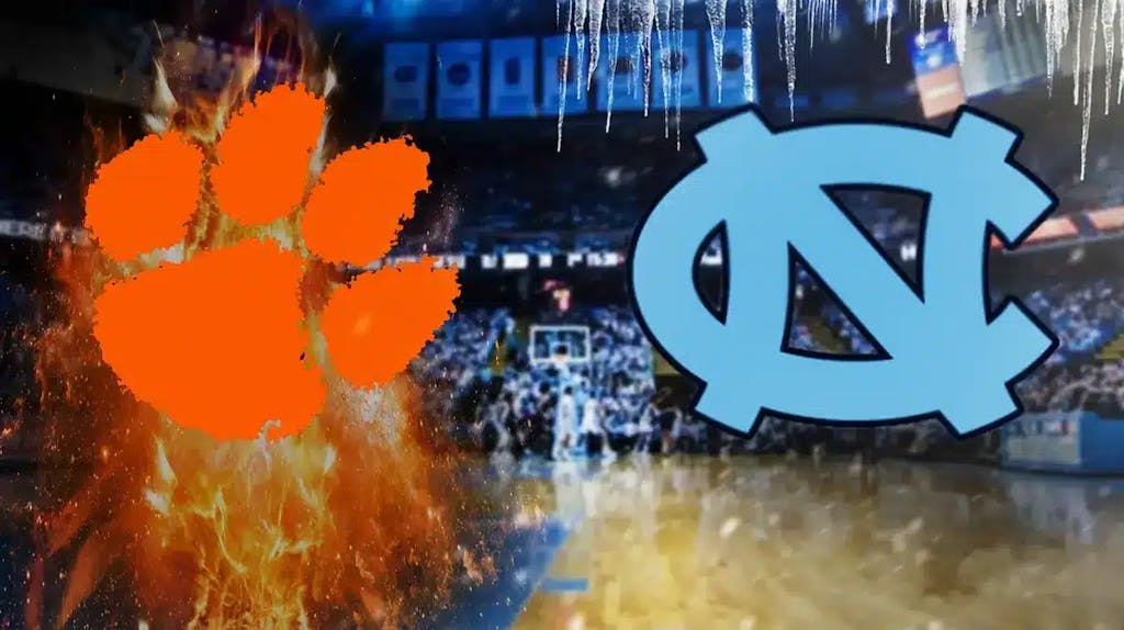 Clemson basketball logo ablaze next to North Carolina logo, ACC fans watch from Chapel Hill