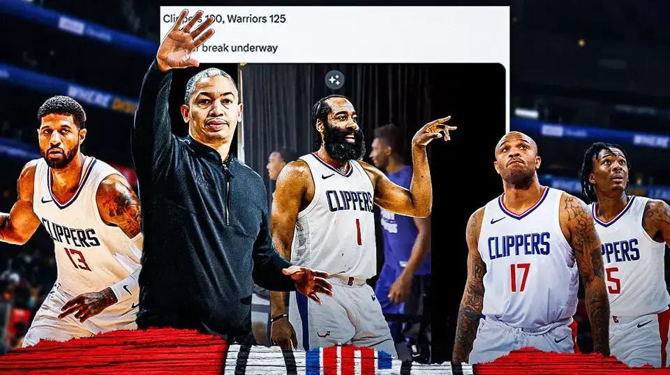 : Clippers' ‘Tyronn Lue, Paul George, and James Harden hyped up, with screenshot of Lue high-fiving his team from the tweet below in the middle, with PJ Tucker and Bones Hyland peeking from the corner of the photo as if to show they’re being left out