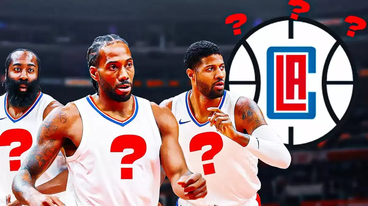 Clippers' Kawhi Leonard, James Harden, and Paul George all wearing blank uniforms with question marks on it, with the 2023 Clippers logo beside them with a huge question mark on the logo