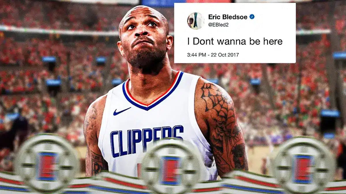 Clippers' PJ Tucker looking frustrated, with Eric Bledsoe’s I dont wanna be here tweet on top of Tucker