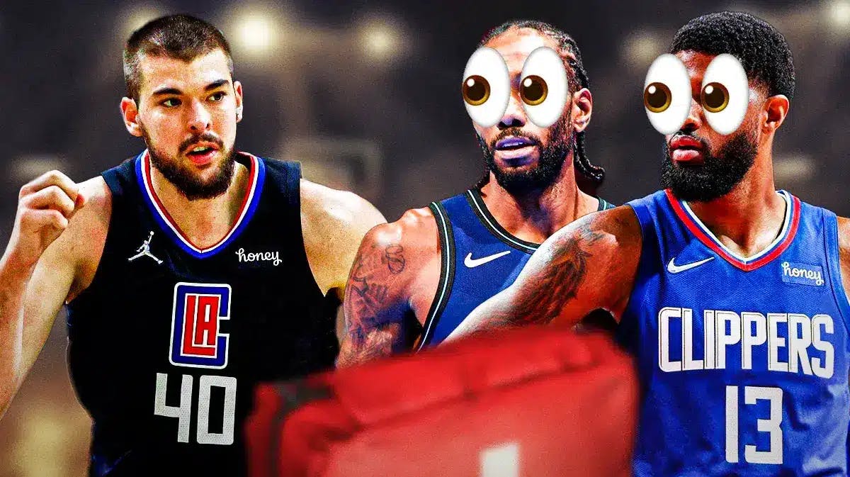 Ivica Zubac on one side with an injury kit in front of him, Kawhi Leonard and Paul George on the other side with the big eyes emoji over their faces