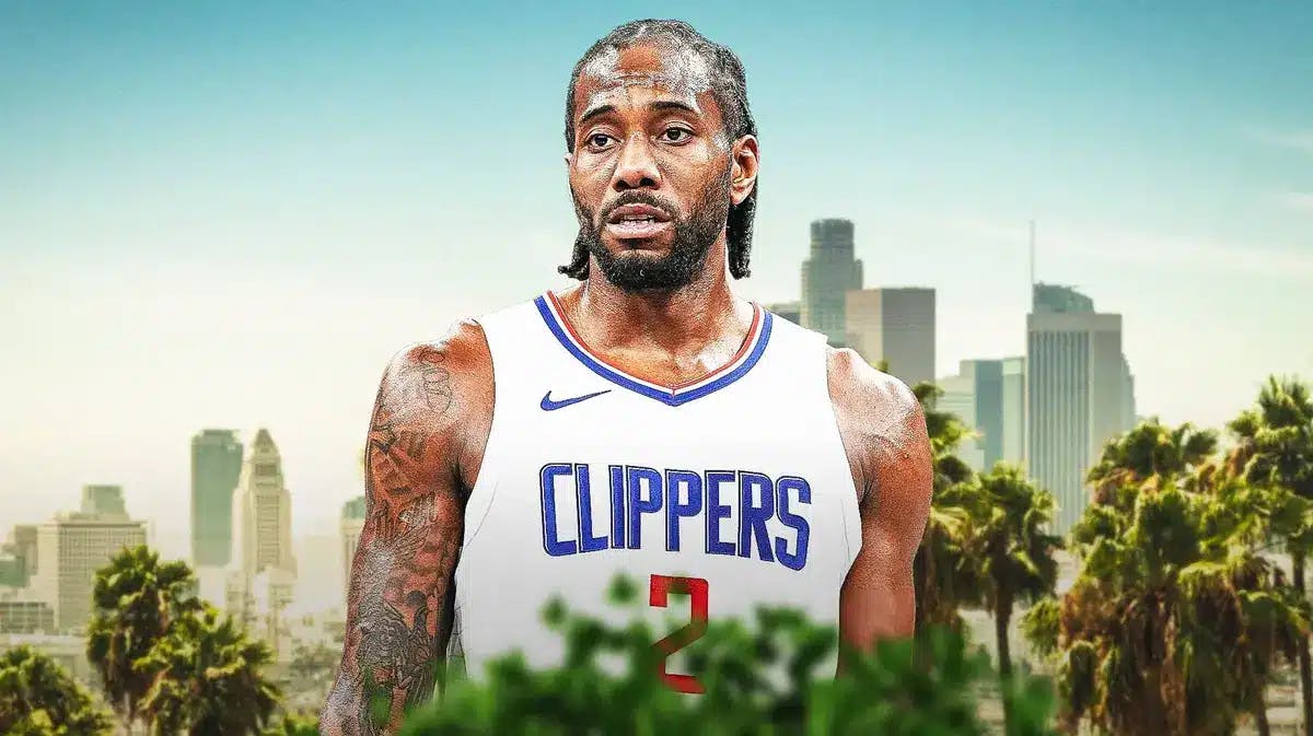 Clippers' Kawhi Leonard, Los Angeles skyline behind him