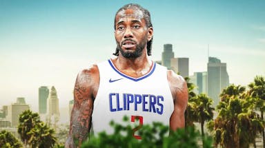Clippers' Kawhi Leonard, Los Angeles skyline behind him