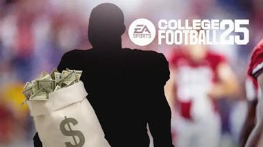 A football player with silhouette head holding a bag of NIL money next to the EA Sports College Football 25 logo