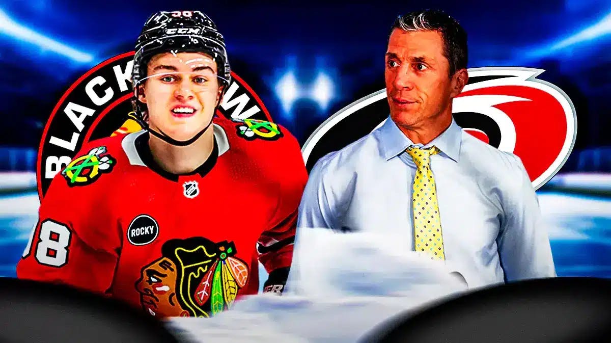 Connor Bedard in middle of image looking happy with fire around him, Rod Brind Amour in image looking impressed, CHI Hawks and CAR Hurricanes logos, hockey rink in background