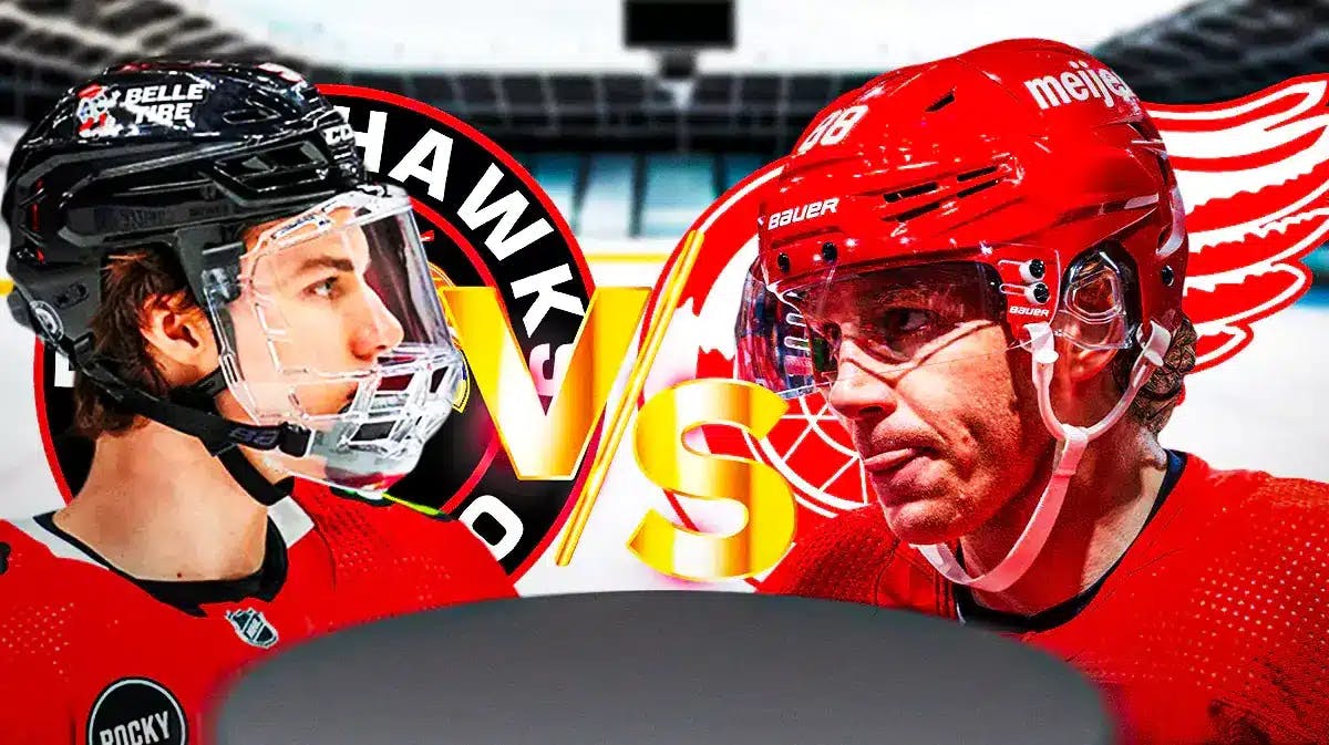 Connor Bedard and Patrick Kane looking at each other and looking happy, CHI Blackhawks and DET Red Wings logos, “VS.” text in image, hockey rink in background
