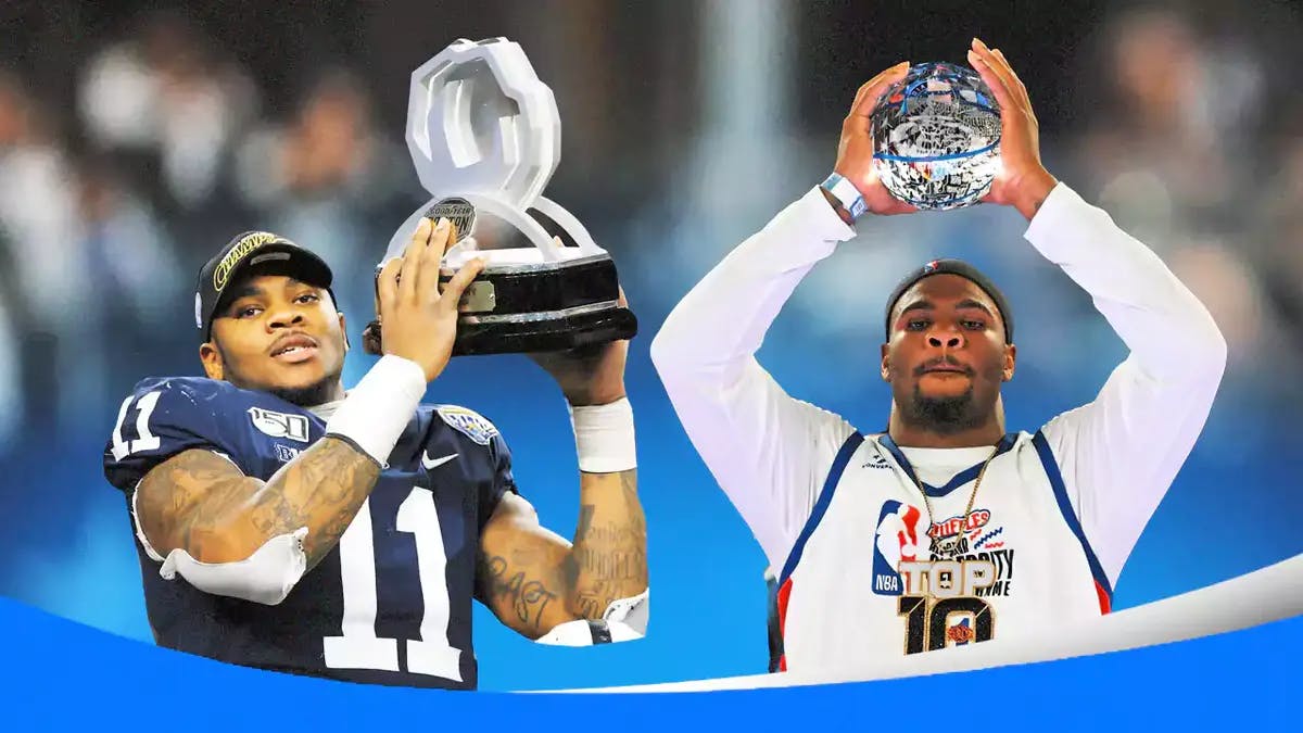 Cowboys' Micah Parsons holding the Defensive Rookie of the Year trophy on the left, and Parsons, in the 2024 Celebrity Game, holding the MVP trophy