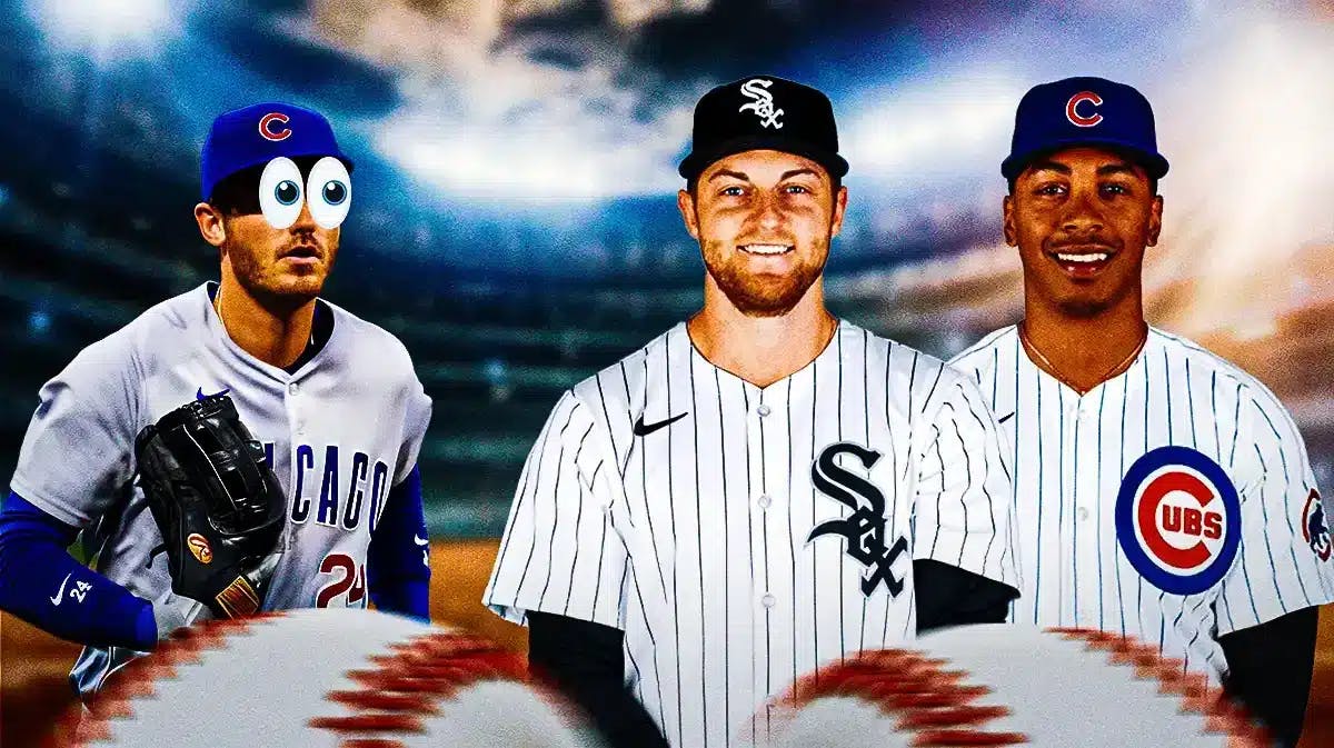 Bailey Horn in a Chicago White Sox jersey on one side, Matt Thompson in a Chicago Cubs jersey and Cody Bellinger on the other side, Bellinger with the big eyes emoji over his face