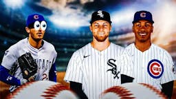 Bailey Horn in a Chicago White Sox jersey on one side, Matt Thompson in a Chicago Cubs jersey and Cody Bellinger on the other side, Bellinger with the big eyes emoji over his face