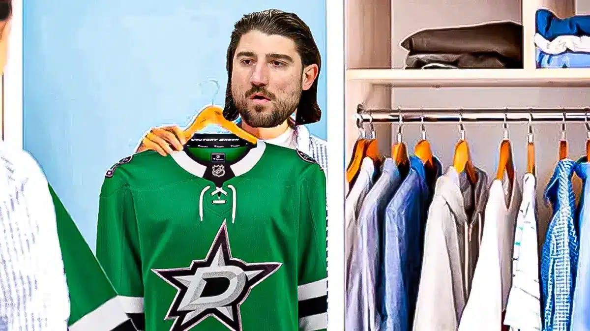 Chris Tanev (Flames) as a guy trying on a Stars uniform