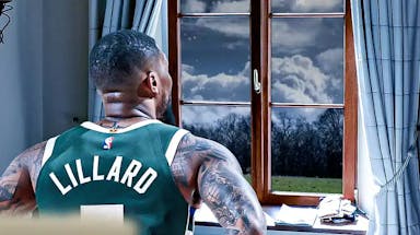 Need Bucks' Damian Lillard looking out a widow looking serious/sad. Make the outside of the window (where he’s looking) rainy and cloudy.