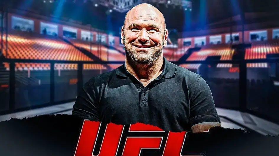 Dana White smiles next to UFC logo when talking to Pat McAfee about the Sphere media members