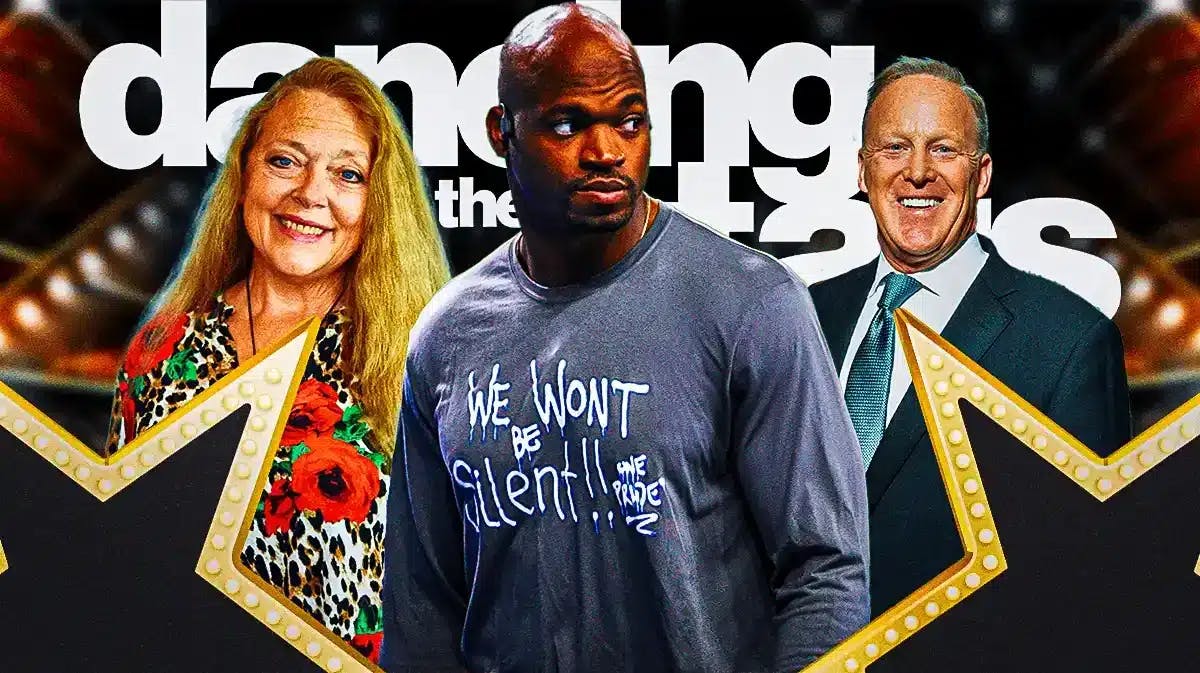 Carole Baskin, Sean Spicer, and Adrian Peterson with a Dancing with the Stars logo.