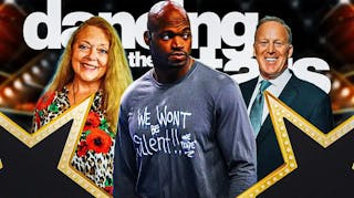 Carole Baskin, Sean Spicer, and Adrian Peterson with a Dancing with the Stars logo.