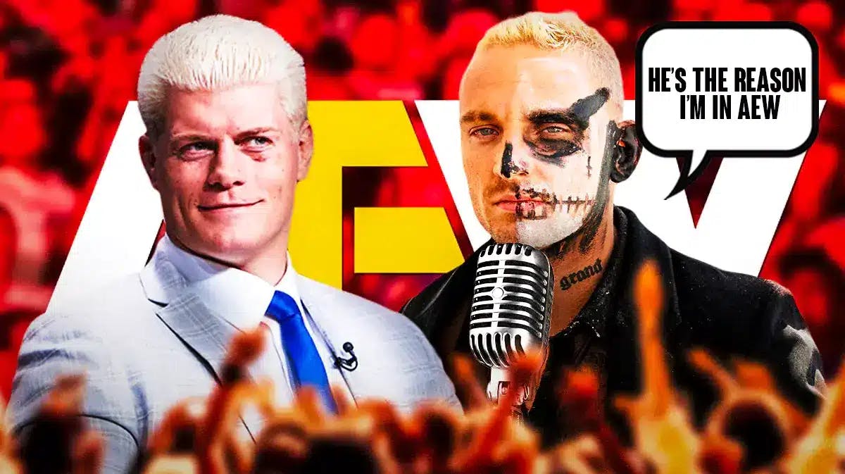 Darby Allin with a microphone and a text bubble reading “He’s the reason I’m in AEW” next to Cody Rhodes with the AEW logo as the background.