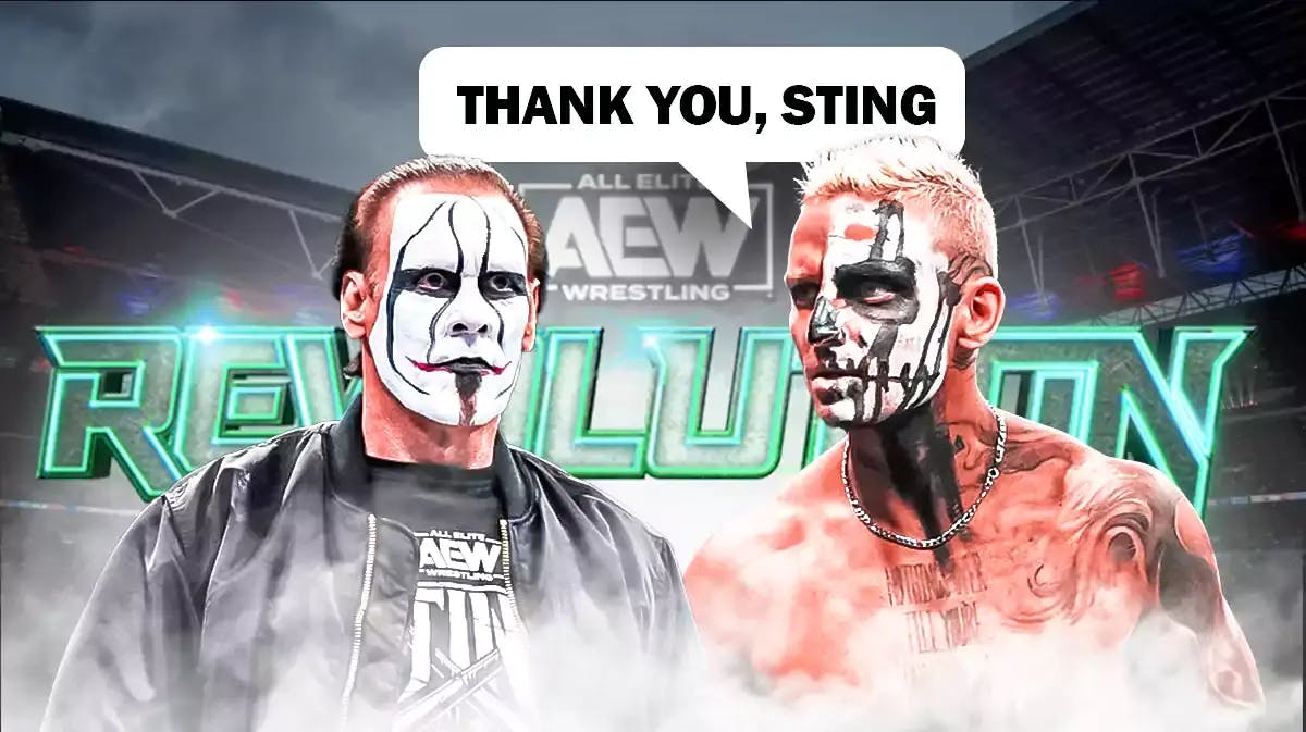 Darby Allin with a text bubble reading “Thank you, Sting” next to Sting with the 2024 AEW Revolution logo as the background.