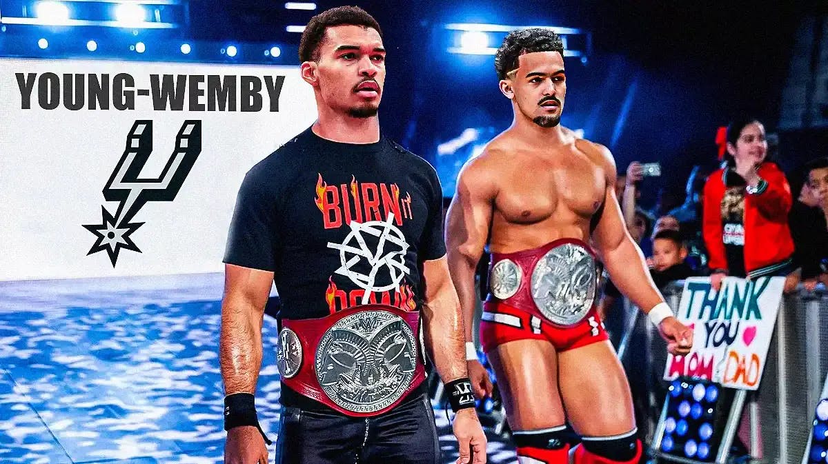 Trae Young (Hawks) and Victor Wembanyama (Spurs) as wrestlers making an entrance