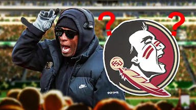 Colorado football coach Deion Sanders with Florida State logo next to him, and a question mark.