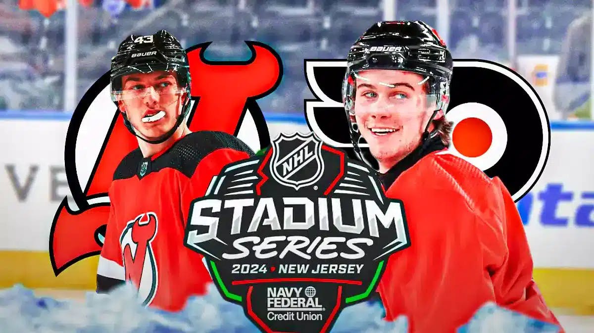 Jack and Luke Hughes in image looking happy, Devils and Flyers logo, MetLife Stadium in background, 2024 NHL Stadium Series logo