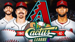 Corbin Carroll, Lourdes Gurriel, Zac Gallen all together with Diamondbacks logo in the background and cactus league logo in the front.