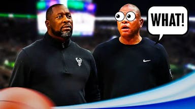 Doc Rivers looking at Adrian Griffin with emoji eyes and saying "WHAT?"