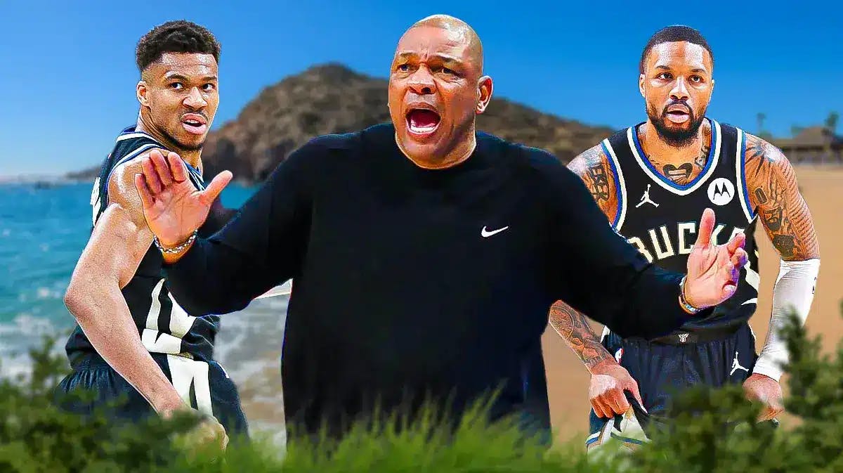 Bucks' Giannis Antetokounmpo, Doc Rivers and Damian Lillard with Cabo background