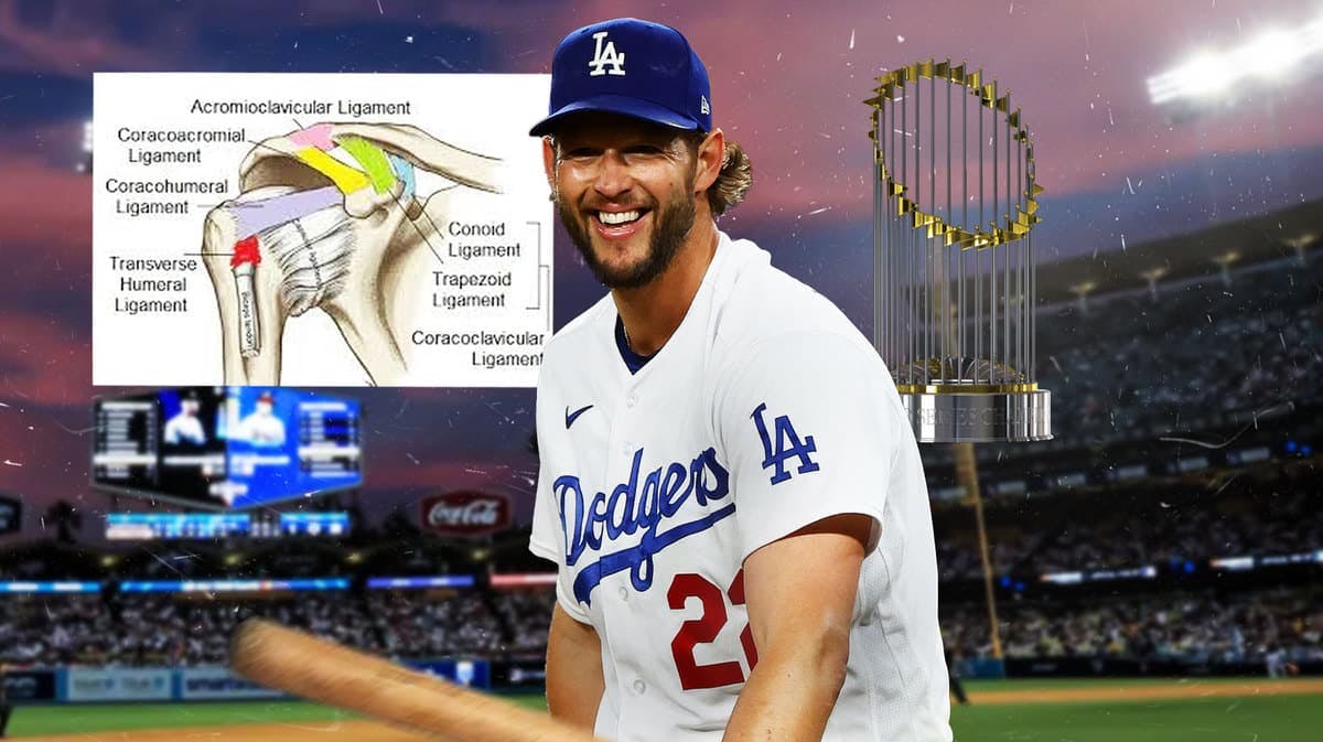 Dodgers' Clayton Kershaw smiling in the middle, with a diagram of a shoulder injury on the top-left and a World Series trophy on the top-right