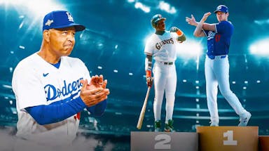 Dave Roberts looking at an olympic podium, with Dodgers' Shohei Ohtani at number 1 and Barry Bonds at number 2