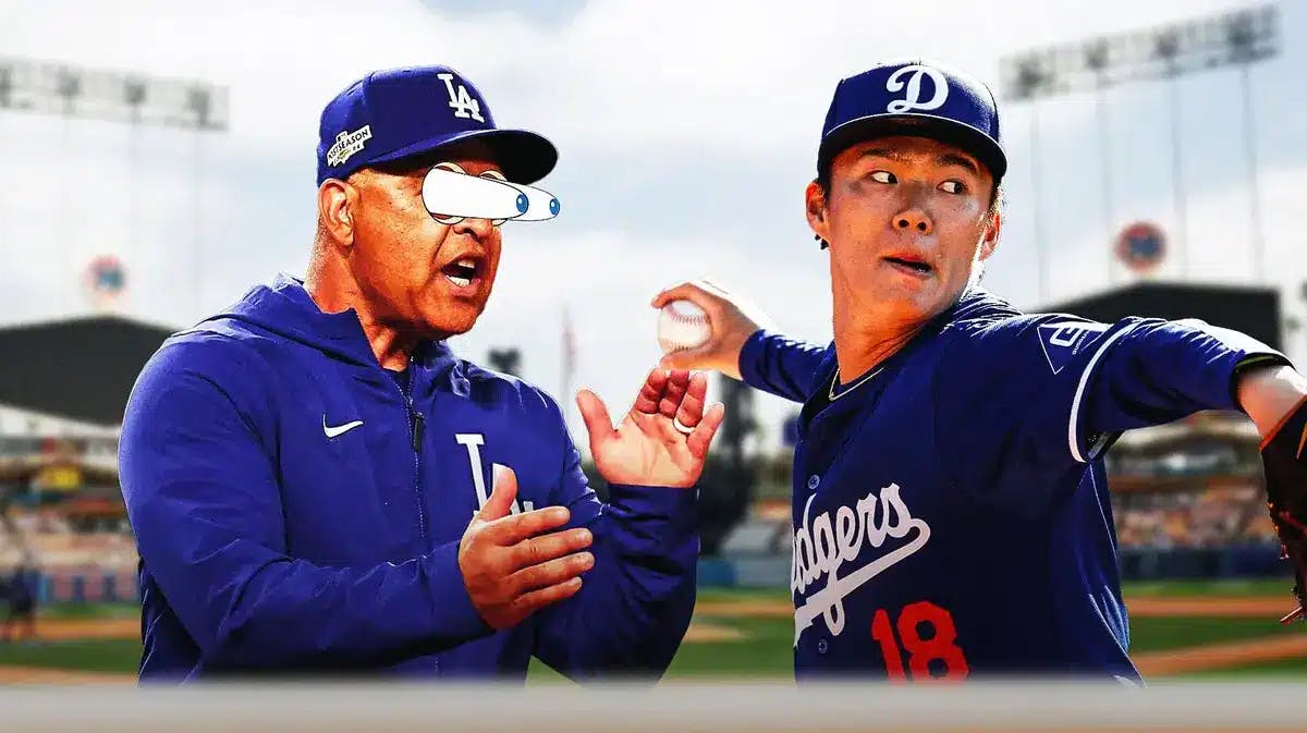 Photo: Yoshinobu Yamamoto in Dodgers jersey pitching, Dave Roberts with peeping eyes watching him, Dodger Stadium as background