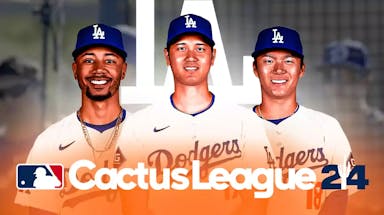 Shohei Ohtani, Mookie Betts, Yoshinobu Yamamoto all together with Dodgers logo in the background and Cactus League logo in front.