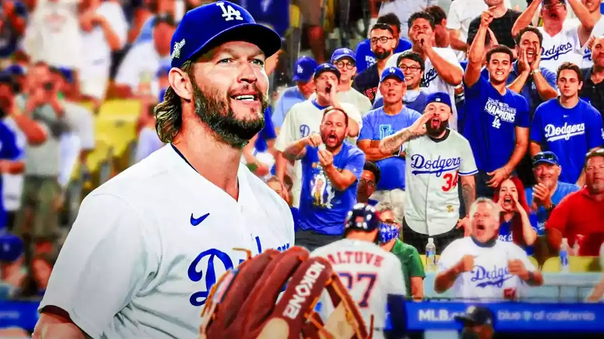 Clayton Kershaw smiling, Los Angeles Dodgers fans cheering in background