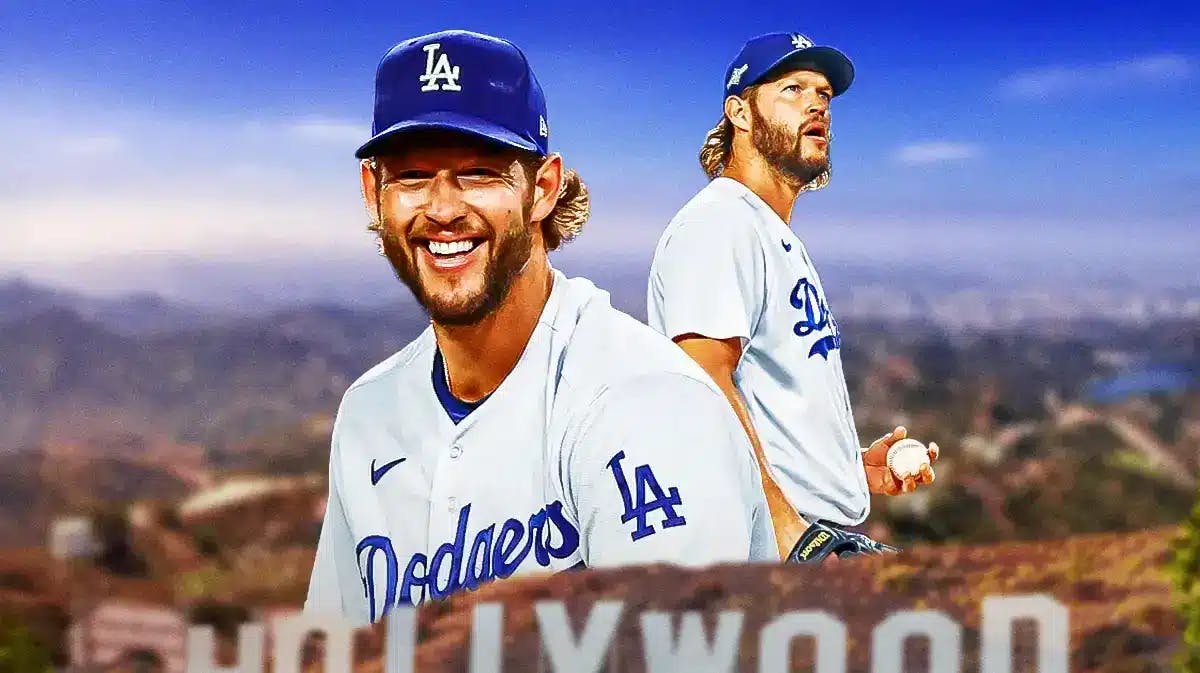 Dodgers' Clayton Kershaw smiling in front of the Hollywood Sign in LA.