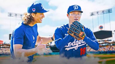 Dodgers, Padres, Yoshinobu Yamamoto, Tyler Glasnow, Dave Roberts, Yoshinobu Yamamoto and Tyler Glasnow in Dodgers unis with Dodger stadium in the background