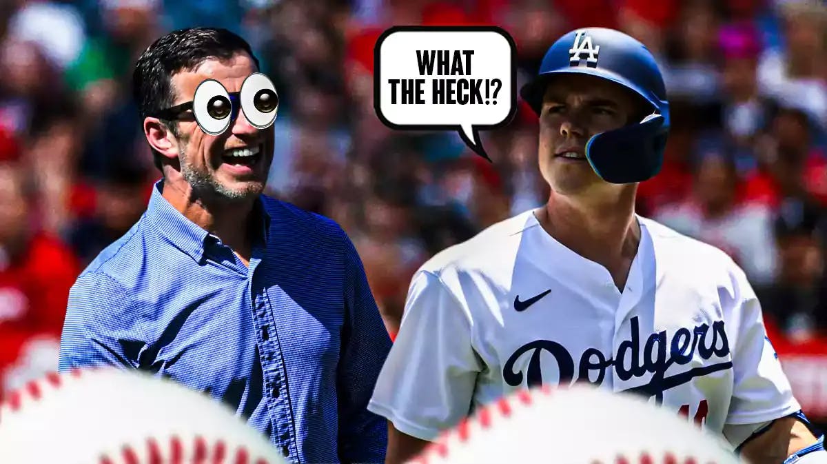 Will Smith (the Los Angeles Dodgers catcher) on one side with a speech bubble that says “What the heck!?” Andrew Friedman on the other side with the big eyes emoji over his face