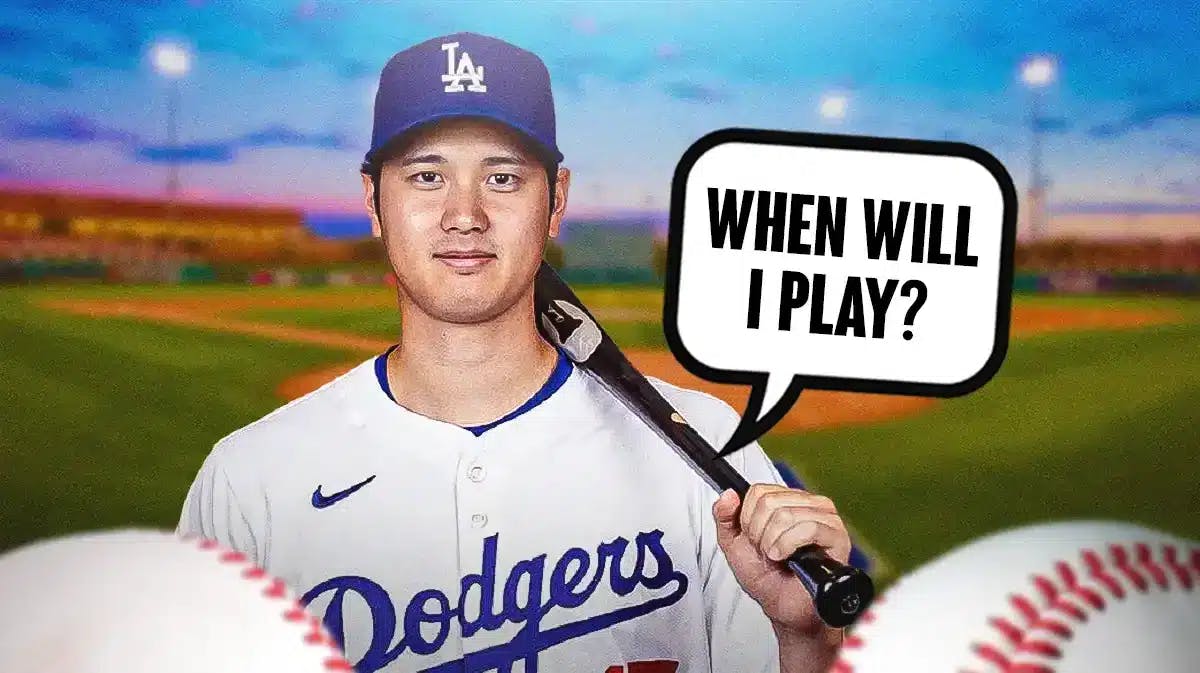 Shohei Ohtani (Dodgers uniform) saying the following: When will I play?