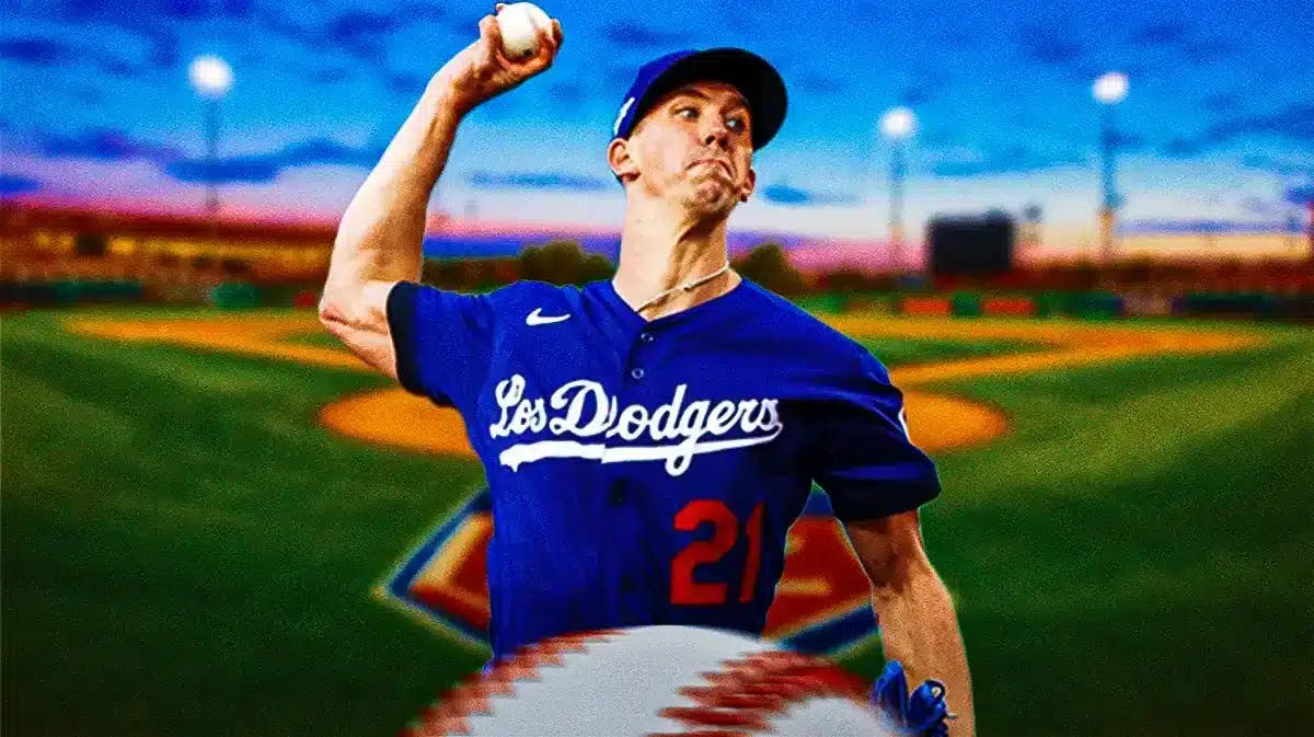 Dodgers' Walker Buehler pitching a baseball at the Dodgers' spring training field.