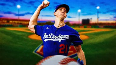 Dodgers' Walker Buehler pitching a baseball at the Dodgers' spring training field.