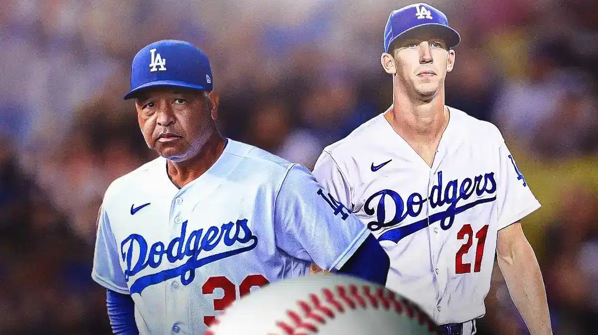 Dave Roberts and Walker Buehler stand next to each other in Dodgers jerseys, Dave Roberts discusses Walker Buehler injury before Spring Training