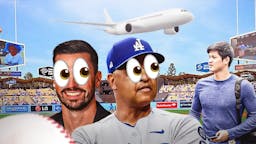 In middle, have Dodgers' Brandon Gomes and Dodgers' Dave Roberts looking at an airplane in the sky with eyes popping out. Then place Shohei Ohtani (in normal clothes) in background.