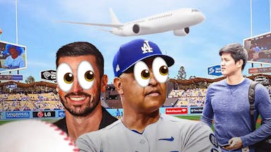 In middle, have Dodgers' Brandon Gomes and Dodgers' Dave Roberts looking at an airplane in the sky with eyes popping out. Then place Shohei Ohtani (in normal clothes) in background.