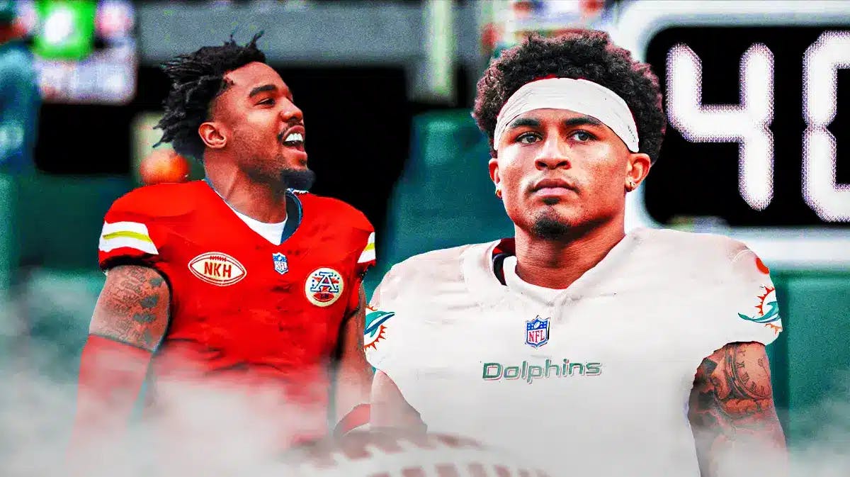 Jaylen Waddle in a Chiefs jersey, Trent McDuffie in a Dolphins jersey