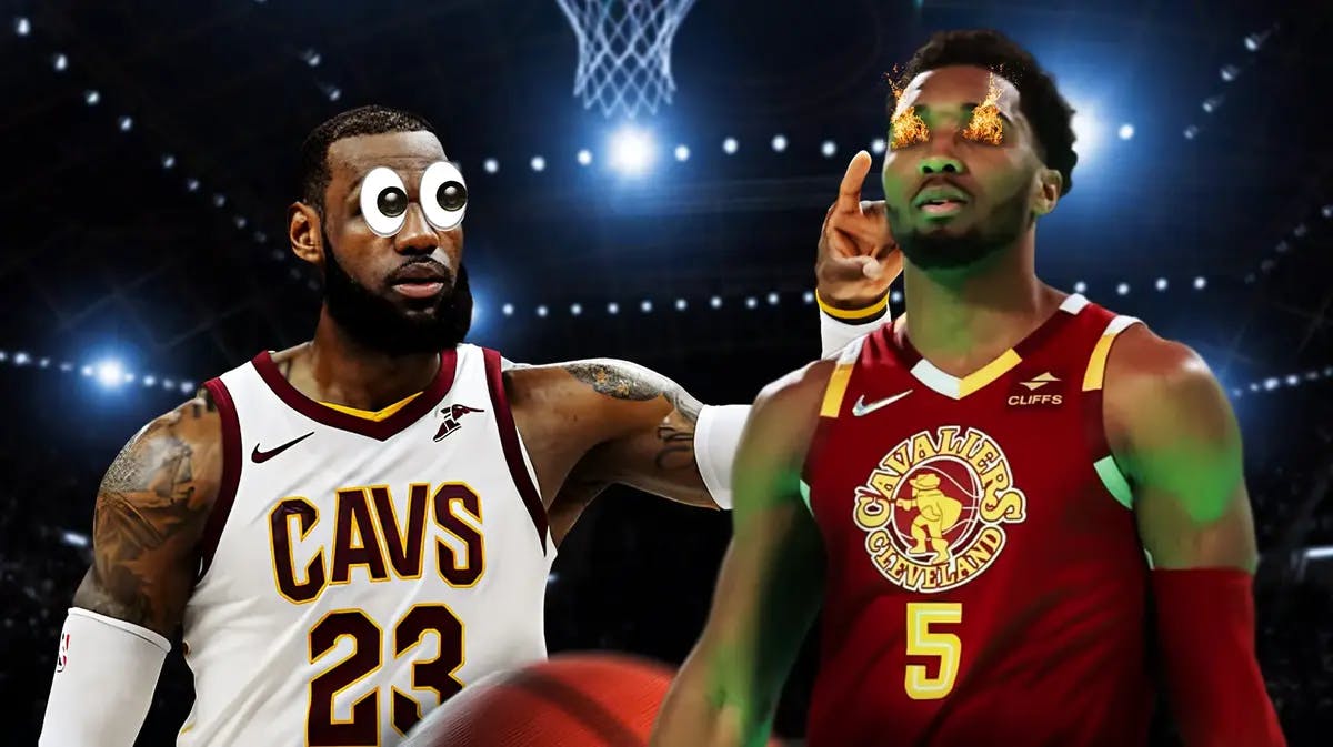 Donovan Mitchell with fire in his eyes. LeBron James in Cavs uniform with his eyes popping out