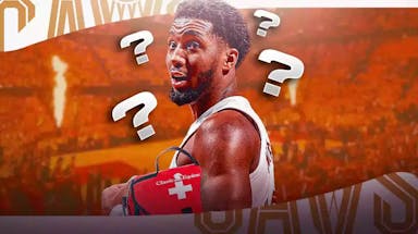 Cavs' Donovan Mitchell with first-aid kit and question marks above him