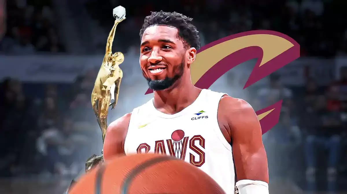 Donovan Mitchell in middle of image looking happy with fire around him, NBA MVP trophy in image, CLE Cavs logo, basketball court in background