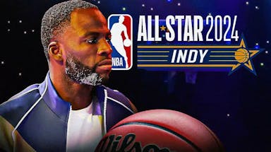 Draymond Green of the Golden State Warriors in front of NBA All-Star Game logo